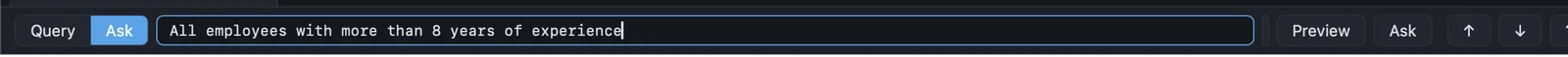 JSON Analyzer's Ask bar with the plain-English question: All employees with more than 8 years of experience.