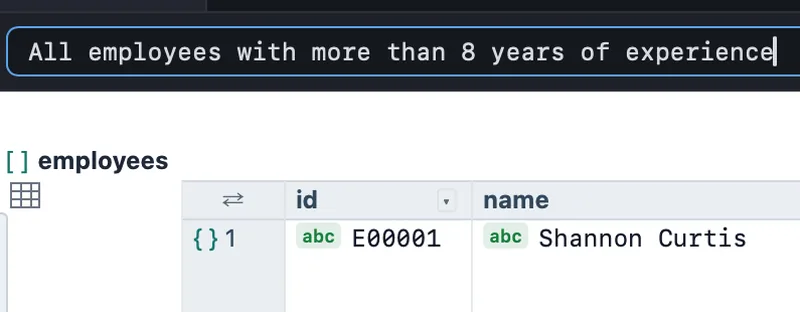 JSON Analyzer's Ask bar with a plain-English question typed into it: All employees with more than 8 years of experience.