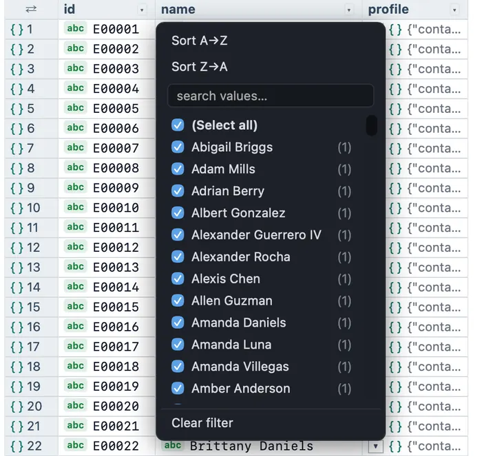 A column filter dropdown in JSON Analyzer: sort A to Z or Z to A, a search-values box, and a checklist of every distinct value with its row count, plus a clear-filter action.