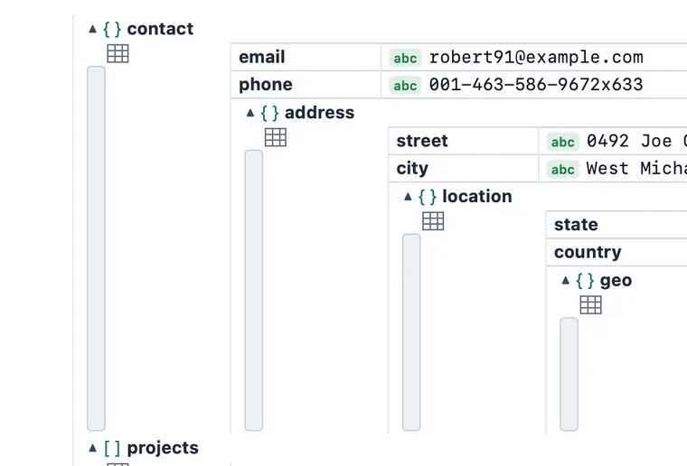 A contact object in JSON Analyzer's grid: address nested inside it, location inside that, then geo and timezone, each drawn as a box within a box rather than indented text.