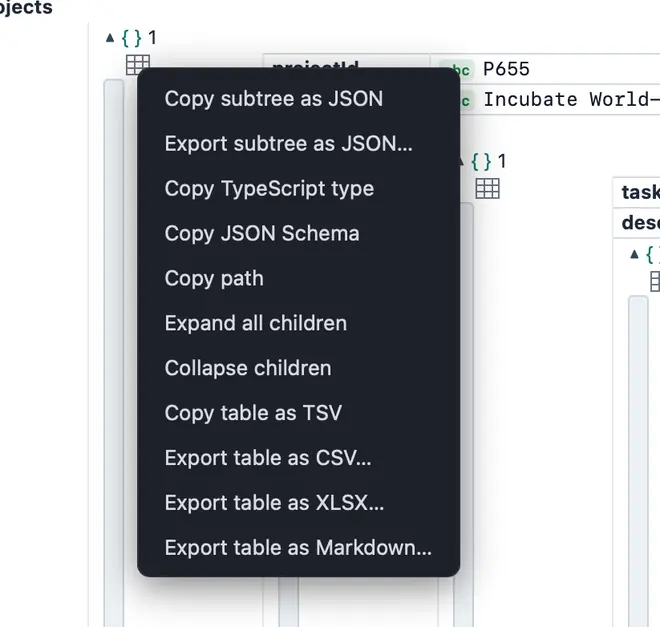 JSON Analyzer's right-click menu on a subtree: copy subtree as JSON, export subtree as JSON, copy TypeScript type, copy JSON Schema, copy path, and export the table as CSV, XLSX or Markdown.