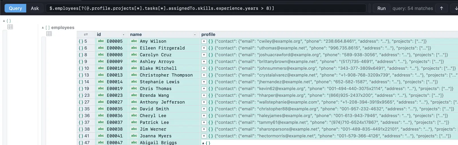 The JSONPath the app wrote from that question, $.employees[?(@.profile.projects[*].tasks[*].assignedTo.skills.experience.years > 8)], with its 54 matching rows highlighted in the grid.