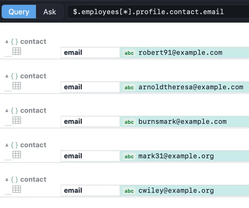 JSON Analyzer's query bar running $.employees[*].profile.contact.email, with every matching email cell highlighted in the grid below.